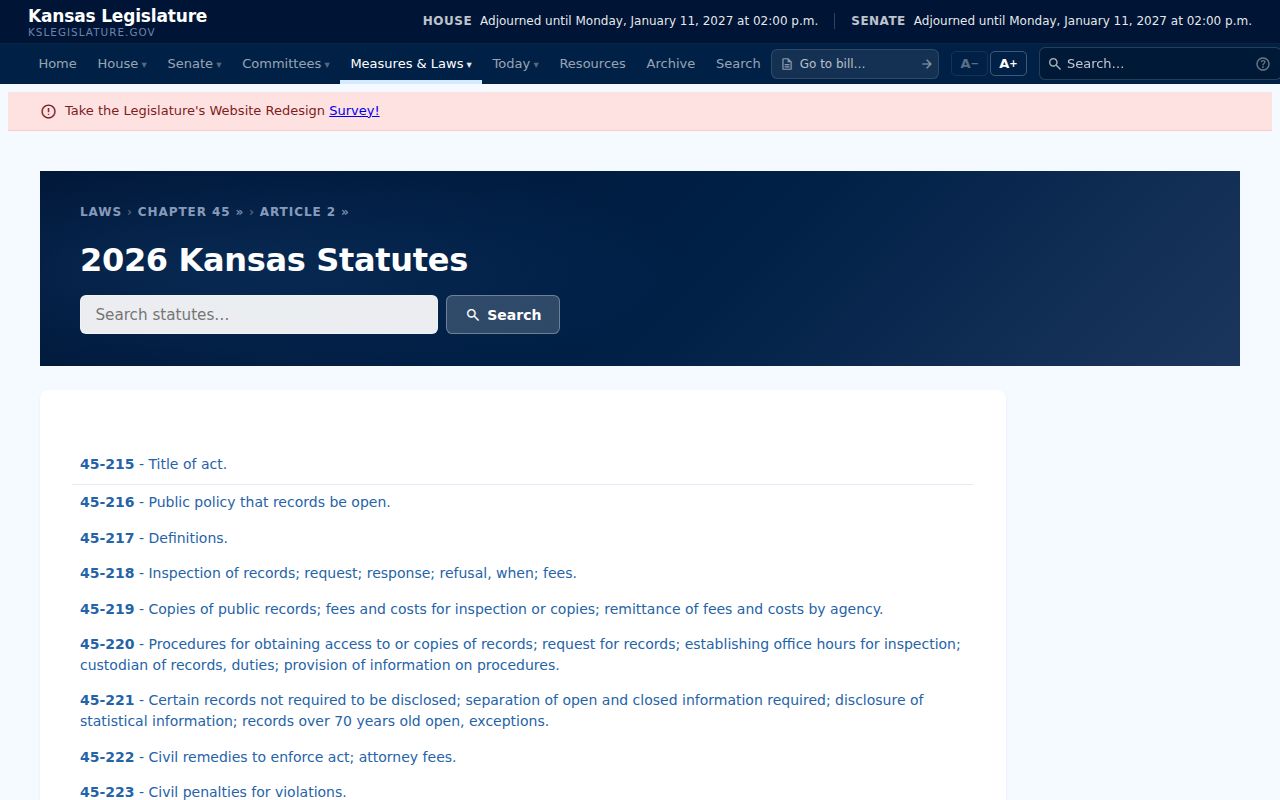 Kansas Open Records Act statutes relevant to civil docket requests